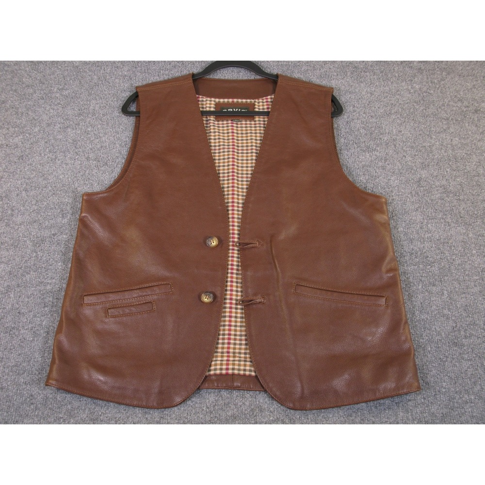 Orvis Mens Brown Leather Vest Plaid Lined Button Front 41RG Size Medium #H